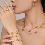 18K gold plated 316L stainless steel 3D layered pave cubic zirconia four leaf clover station necklace bracelet ring drop earrings cuff bangle wholesale