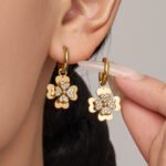 18K gold plated 316L stainless steel 3D layered pave cubic zirconia four leaf clover station necklace bracelet ring drop earrings cuff bangle wholesale