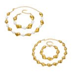 Gold and silver plated chunky irregular molten metal and baroque pearl statement necklace and bracelet set in stainless steel