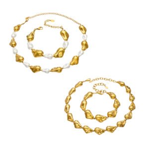 Gold and silver plated chunky irregular molten metal and baroque pearl statement necklace and bracelet set in stainless steel