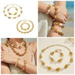 Gold and silver plated chunky irregular molten metal and baroque pearl statement necklace and bracelet set in stainless steel