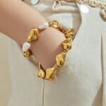 Gold and silver plated chunky irregular molten metal and baroque pearl statement necklace and bracelet set in stainless steel