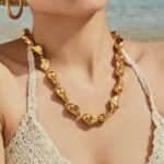 Gold and silver plated chunky irregular molten metal and baroque pearl statement necklace and bracelet set in stainless steel