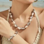 Gold and silver plated chunky irregular molten metal and baroque pearl statement necklace and bracelet set in stainless steel