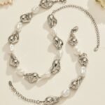 Gold and silver plated chunky irregular molten metal and baroque pearl statement necklace and bracelet set in stainless steel