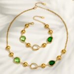 18K gold plated stainless steel gemstone station necklace and bracelet set wholesale