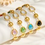 18K gold plated stainless steel gemstone station necklace and bracelet set wholesale