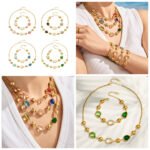 18K gold plated stainless steel gemstone station necklace and bracelet set wholesale