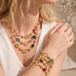 18K gold plated stainless steel gemstone station necklace and bracelet set wholesale