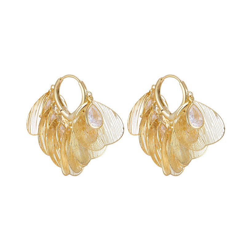 Filigree leaf hoop earrings wholesale featuring 18k gold plated huggie latch hoop with layered openwork leaf metal tassels and dangling bezel teardrop cubic zirconia gem.