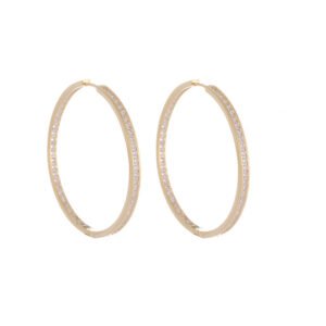 Pavé CZ hoop earrings wholesale featuring 3.9cm 18k gold plated copper oval hoop set with sparkling cubic zirconia crystals along both outer and inner rim.