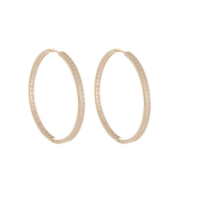 Pavé CZ hoop earrings wholesale featuring 3.9cm 18k gold plated copper oval hoop set with sparkling cubic zirconia crystals along both outer and inner rim.