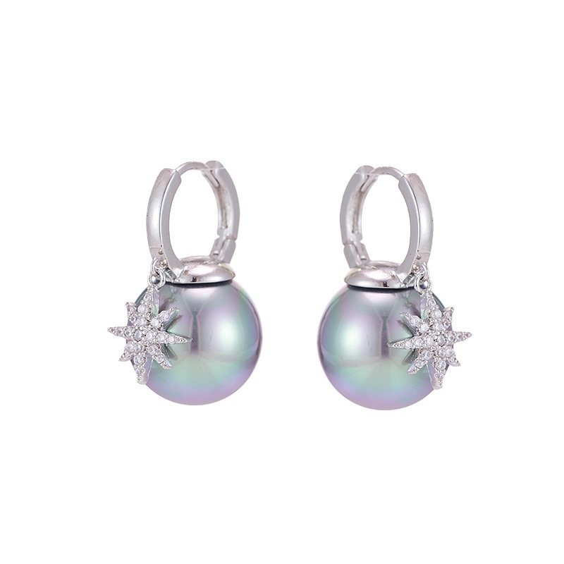 Starburst pearl hoop earrings wholesale featuring high luster champagne gold, peacock black, and classic golden shell pearls with pavé cubic zirconia North Star charm on 18k gold and palladium plated brass.