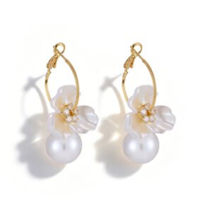 Shell pearl floral hoop earrings wholesale featuring slim oval wire hoop with 3D carved acrylic blossom petal, pavé cz flower center, and dangling pearl bead on 18k gold and palladium plated brass.