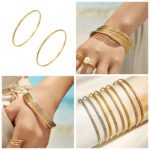 Stacked thin gold, rose gold, and silver stainless steel bangles featuring smooth polished and diamond-cut textured patterns