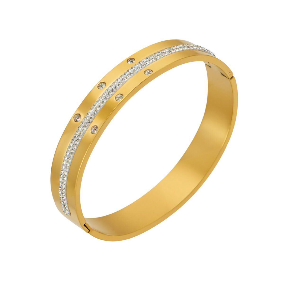 Gold plated 316L stainless steel hinged bangle with central double row pavé cubic zirconia inlay and scattered crystal accents