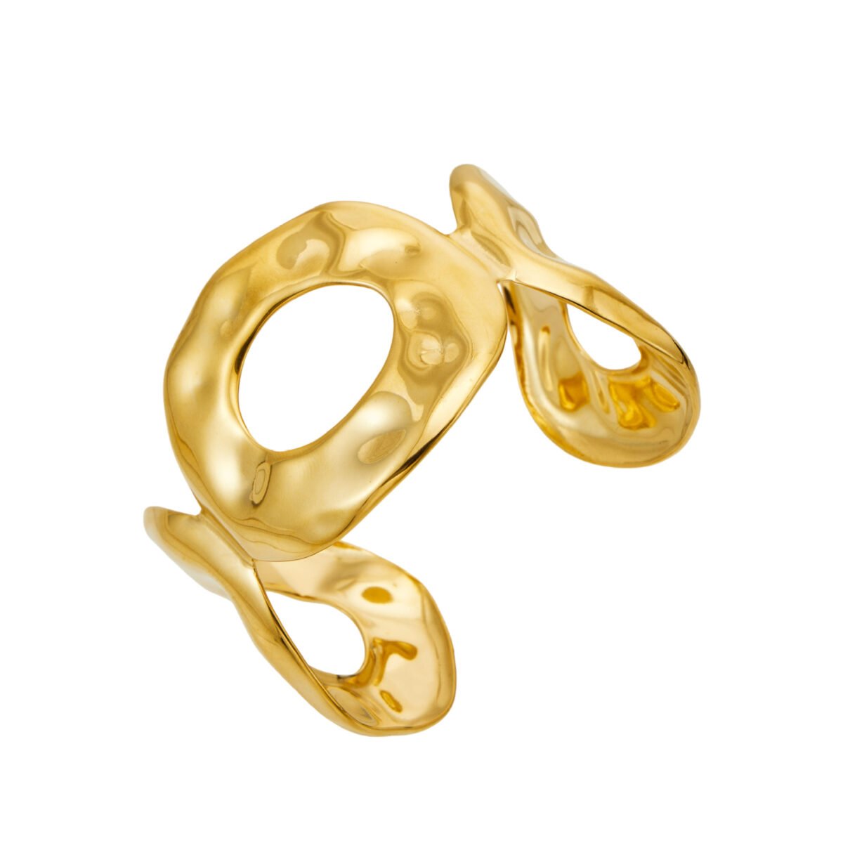Wide hammered gold and silver plated open cuff bangle with organic oval cutout in 316L stainless steel