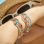 Gold and silver plated triple layer wavy open cuff bangle set with cubic zirconia stones in 316L stainless steel