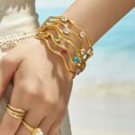 Gold and silver plated triple layer wavy open cuff bangle set with cubic zirconia stones in 316L stainless steel