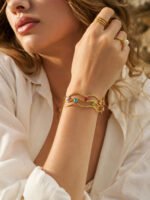 Gold and silver plated triple layer wavy open cuff bangle set with cubic zirconia stones in 316L stainless steel