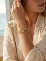 Gold and silver plated triple layer wavy open cuff bangle set with cubic zirconia stones in 316L stainless steel
