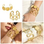 Gold and silver 316L stainless steel open cuff bangles featuring embossed Elizabeth coin medallions and a sculptural wavy cutout design