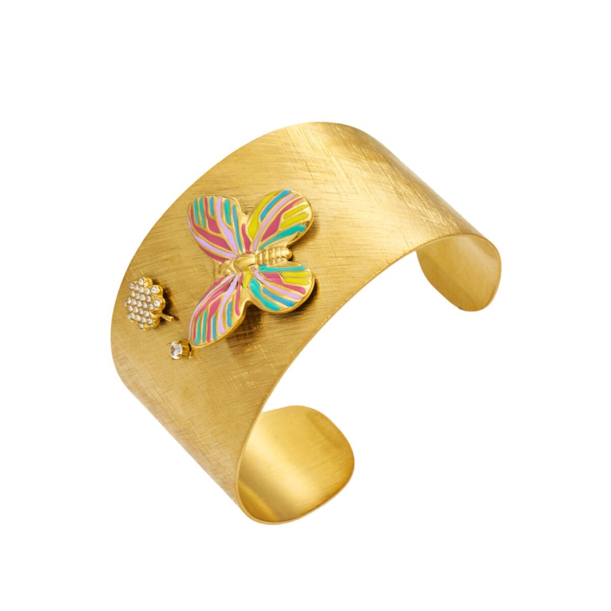 Gold plated wide brushed open cuff bangle with colorful enamel butterfly and pavé cubic zirconia clover in 316L stainless steel