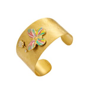 Gold plated wide brushed open cuff bangle with colorful enamel butterfly and pavé cubic zirconia clover in 316L stainless steel