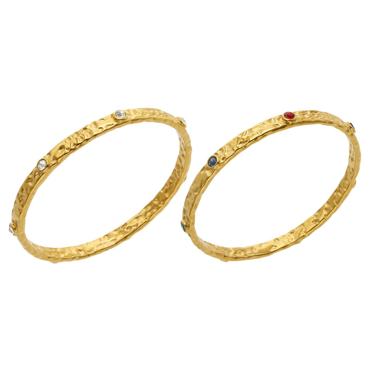 Gold plated 316L stainless steel hammered bangle embedded with flush bezel-set clear and colorful cubic zirconia crystals