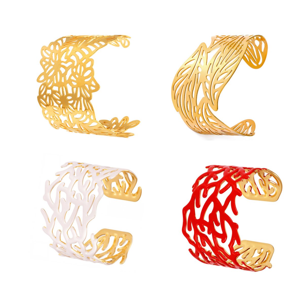Statement stainless steel open cuff bangles featuring intricate filigree leaf cutouts and enamel coral branch designs
