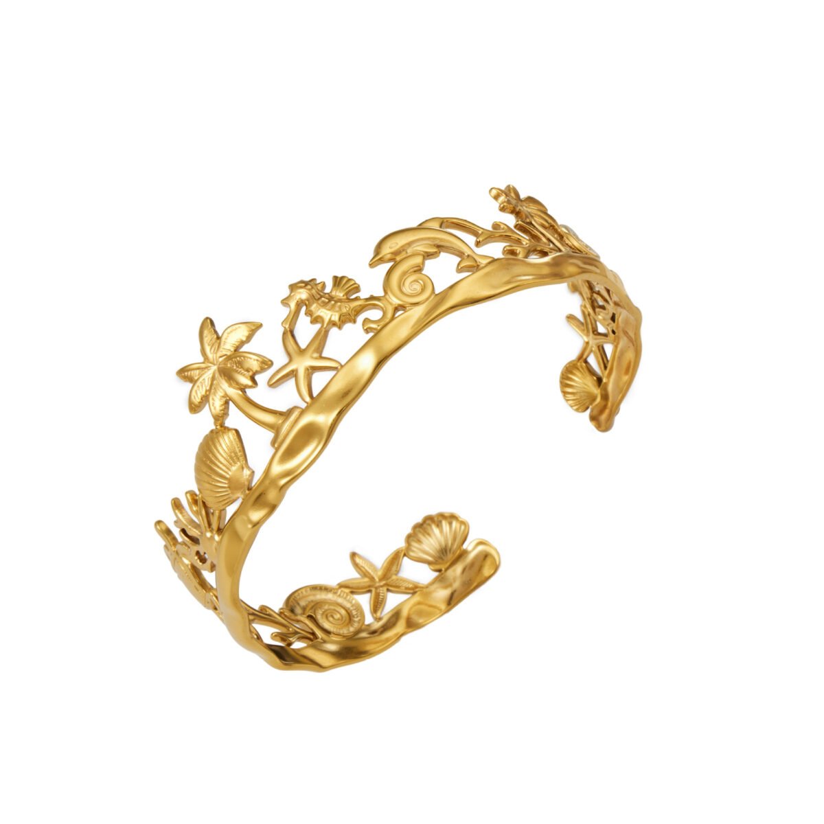 Gold and silver 316L stainless steel open cuff bangle with detailed ocean beach motifs including sea turtles, palm trees, and starfish