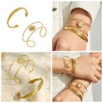 Gold and silver double-wire open cuff bangles featuring a pavé cubic zirconia sunburst centerpiece and a triple-strand interwoven gold band