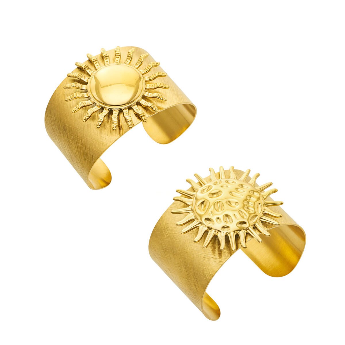 Wide brushed 18K gold plated open cuff bangles featuring dramatic 3D smooth and hammered sunburst emblems in 316L stainless steel