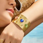 Wide brushed 18K gold plated open cuff bangle set with multicolor cat eye cabochon stones and cubic zirconia accents in 316L stainless steel