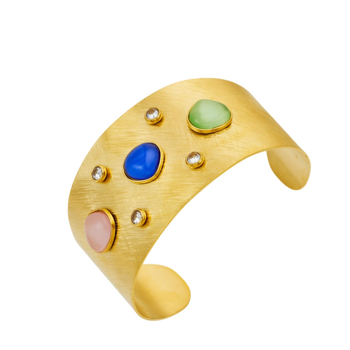 Wide brushed 18K gold plated open cuff bangle set with multicolor cat eye cabochon stones and cubic zirconia accents in 316L stainless steel