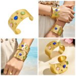 Wide brushed 18K gold plated open cuff bangle set with multicolor cat eye cabochon stones and cubic zirconia accents in 316L stainless steel