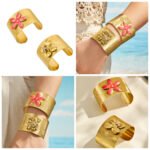 Wide brushed 18K gold plated open cuff bangles featuring a dimensional gold flower with pavé CZ bee accent and a pink enamel blossom