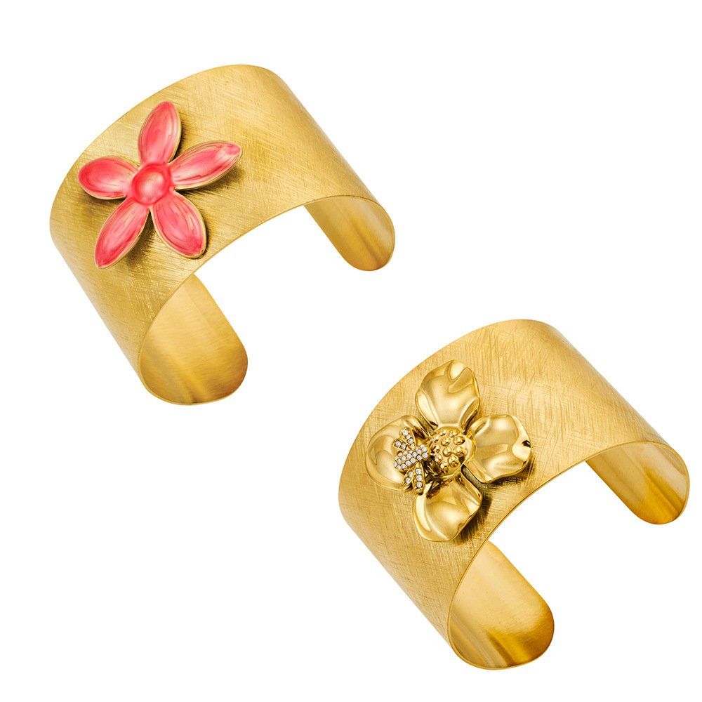 Wide brushed 18K gold plated open cuff bangles featuring a dimensional gold flower with pavé CZ bee accent and a pink enamel blossom