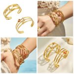 Multi band gold and silver open cuff bangles featuring pave cubic zirconia moon stars and lucky charm motifs in 316L stainless steel