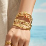Multi band gold and silver open cuff bangles featuring pave cubic zirconia moon stars and lucky charm motifs in 316L stainless steel