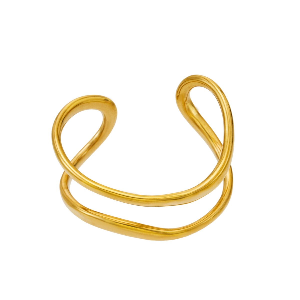 Gold and silver plated 316L stainless steel open cuff bangle with a fluid double-line wavy organic design