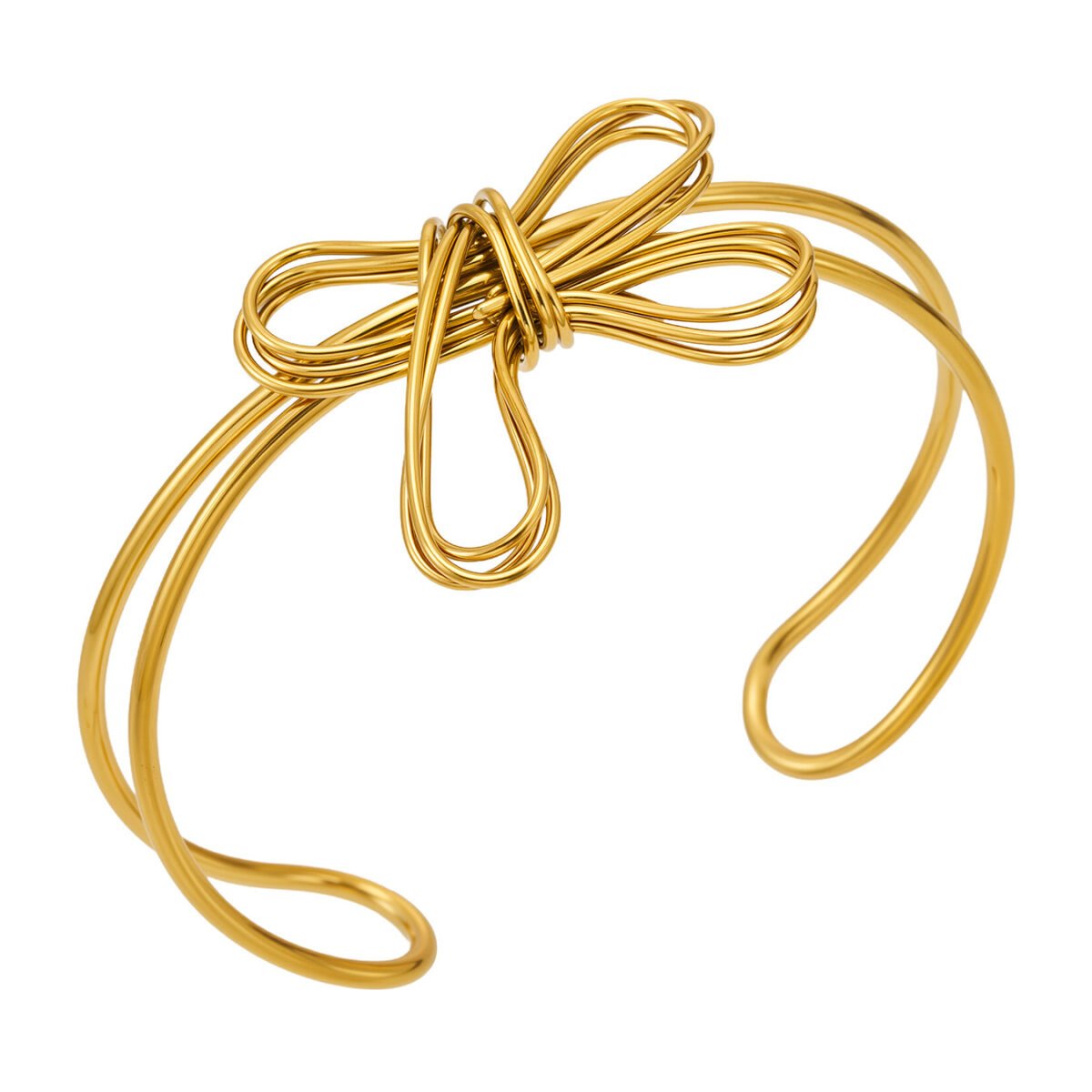 Gold and silver multi-strand wire bow knot open cuff bangle bracelet in polished 316L stainless steel