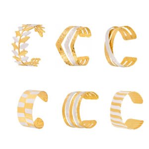 Two tone 18K gold plated and enamel white silver stainless steel open cuff bangles featuring leaf, wave, and multi-band hammered textures