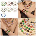 18K gold plated 316L stainless steel emerald cut glass crystal statement necklace and bracelet set wholesale